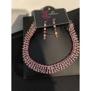 Glamorous Pink Crystal Rhinestone Choker Necklace & Dangle Earrings Set